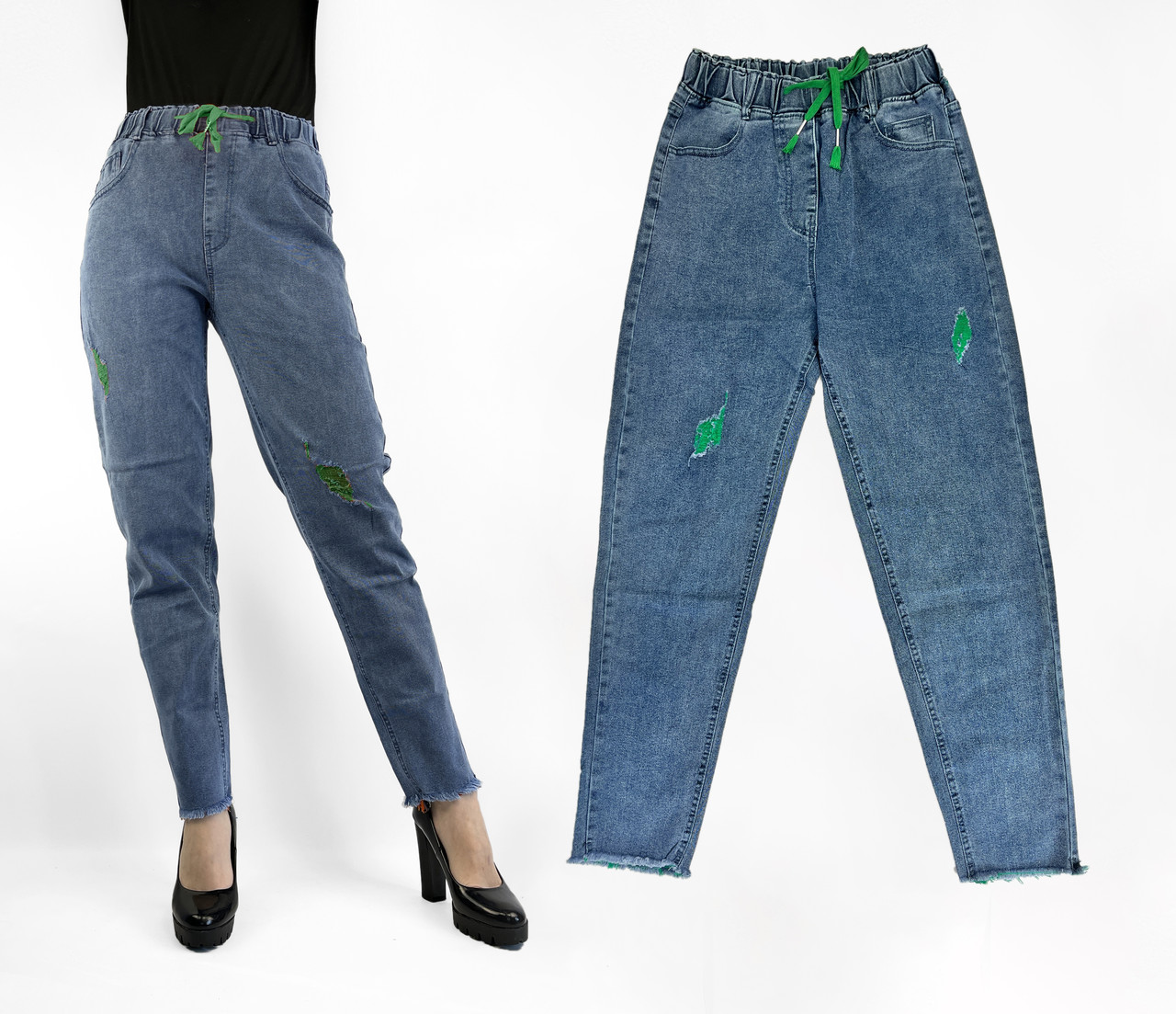 Джинси МОМ на гумці з необробленим низом Жіночі стильні джинси розміри 25-30 Зелені виворіт