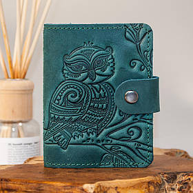 Візитниця шкіряна жіноча темно-бірюзова з тисненням Сова | Шкіряний картхолдер