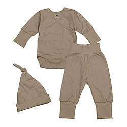 Трикотажний зростаючий комплект - боді, штани, шапочка - Кавовий Minikin