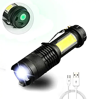 Фонарь ручной аккумуляторный BL-525 + COB, USB зарядка. LED светодиодный фонарик