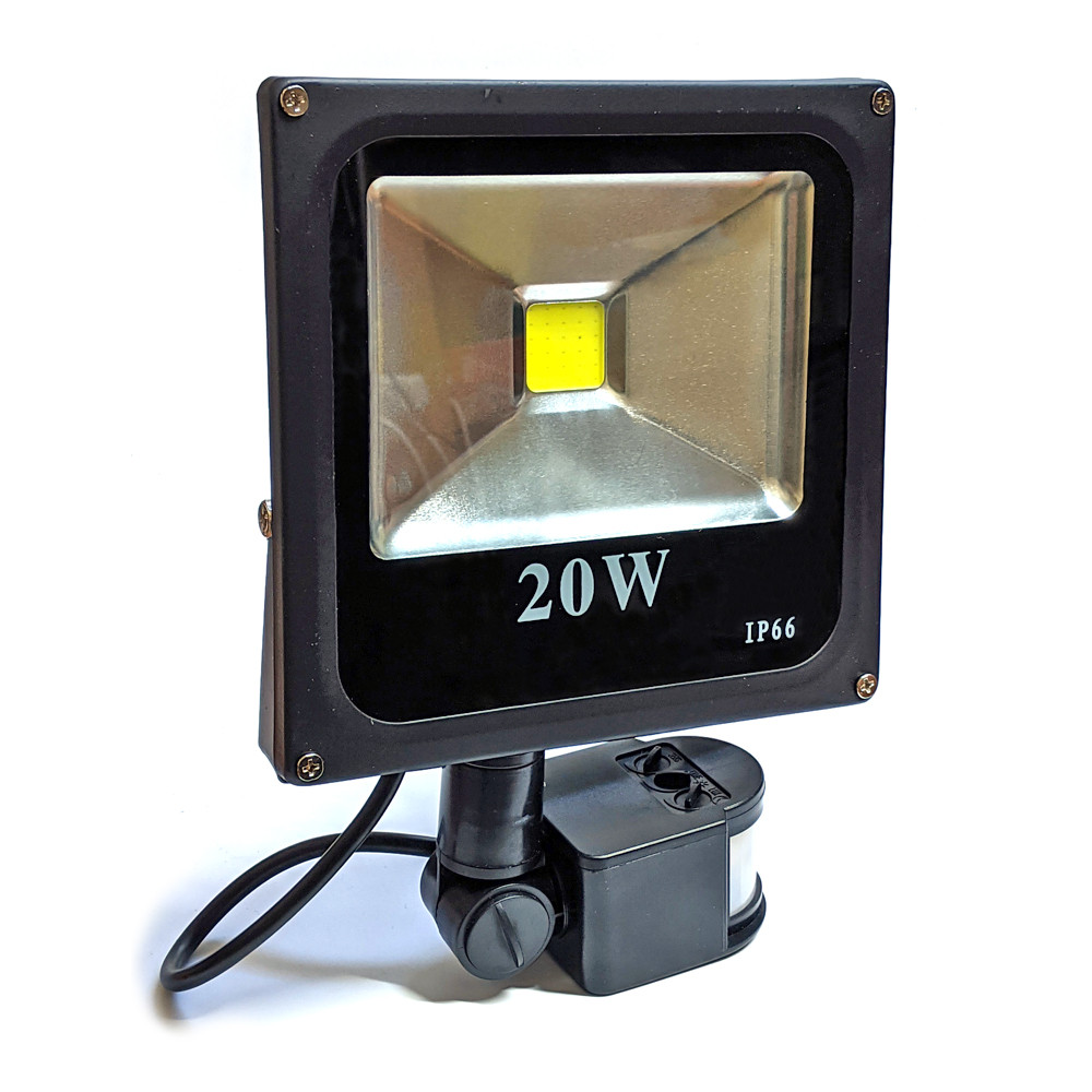 LED прожектор вуличний вологозахищений IP66 чорний 20W COB холодний білий із датчиком руху, фото 1