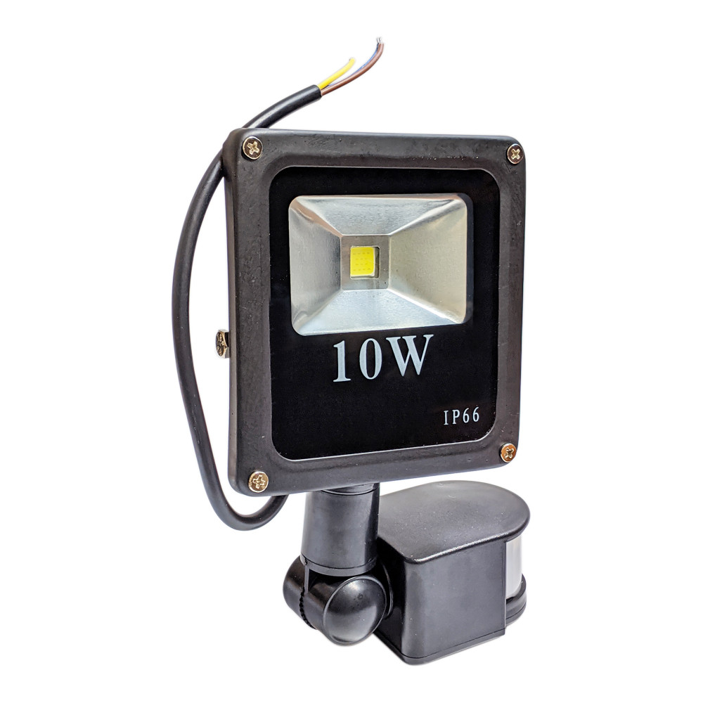 LED прожектор вуличний вологозахищений IP66 чорний 10W COB холодний білий із датчиком руху, фото 1