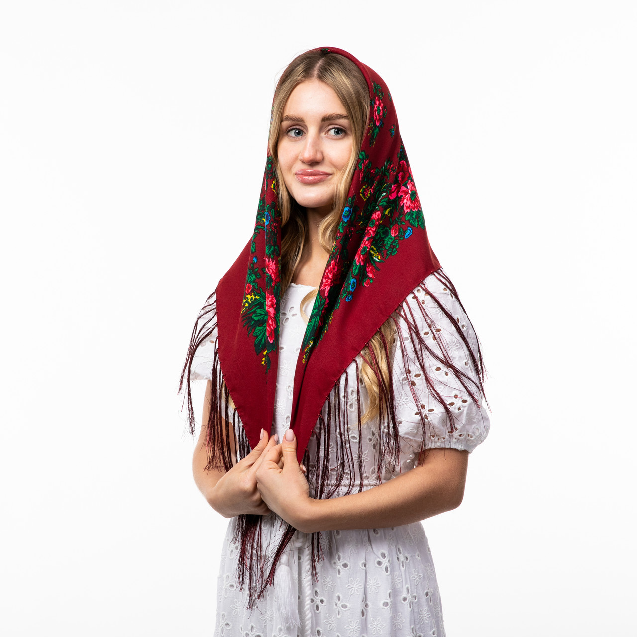 Хустка з шовковими тороками 80х80см Бордова