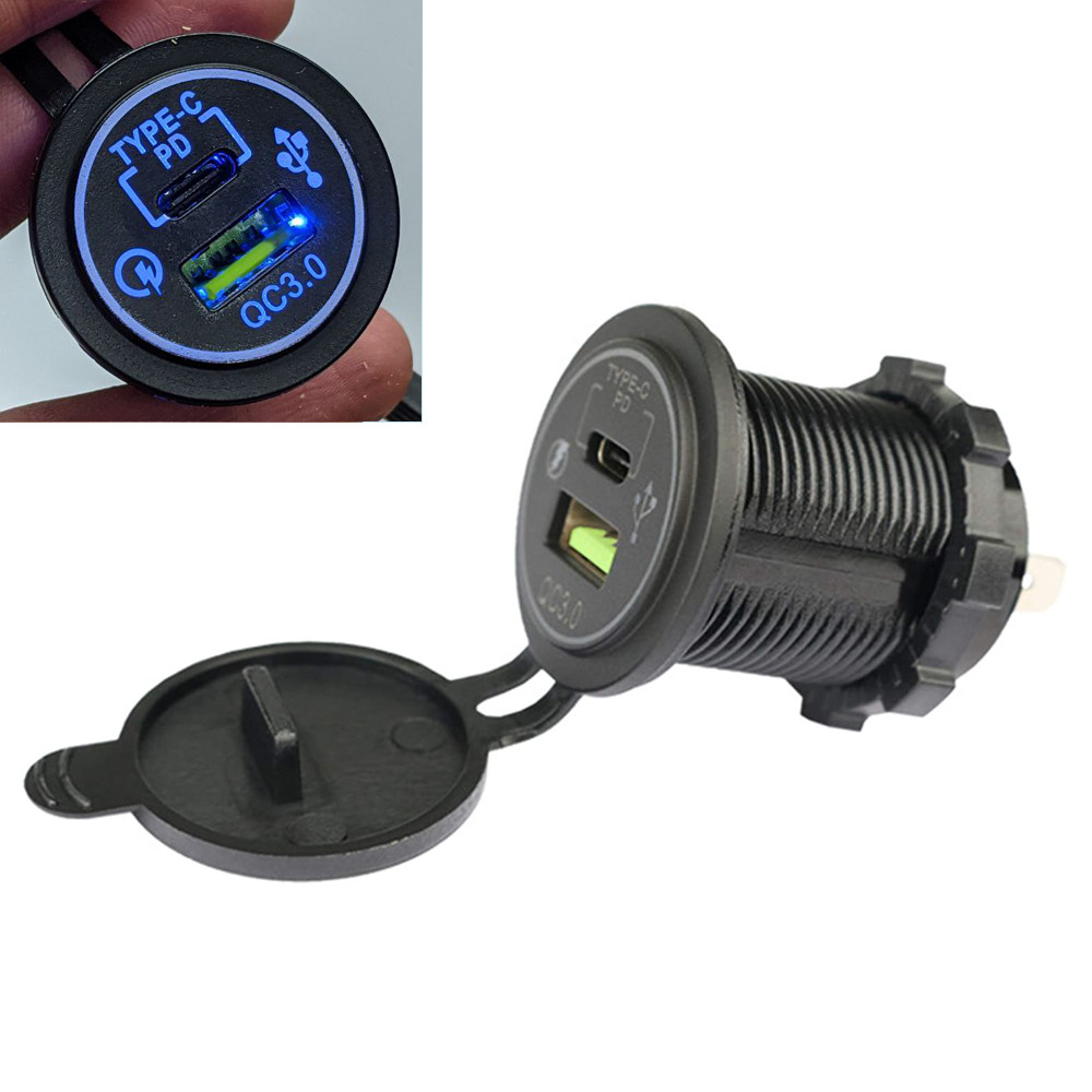 USB розетка A93B автомобільна кругла врізна (12-24В, USB QC 3.0 + TYPE-C PD, синє підсвічування), фото 1