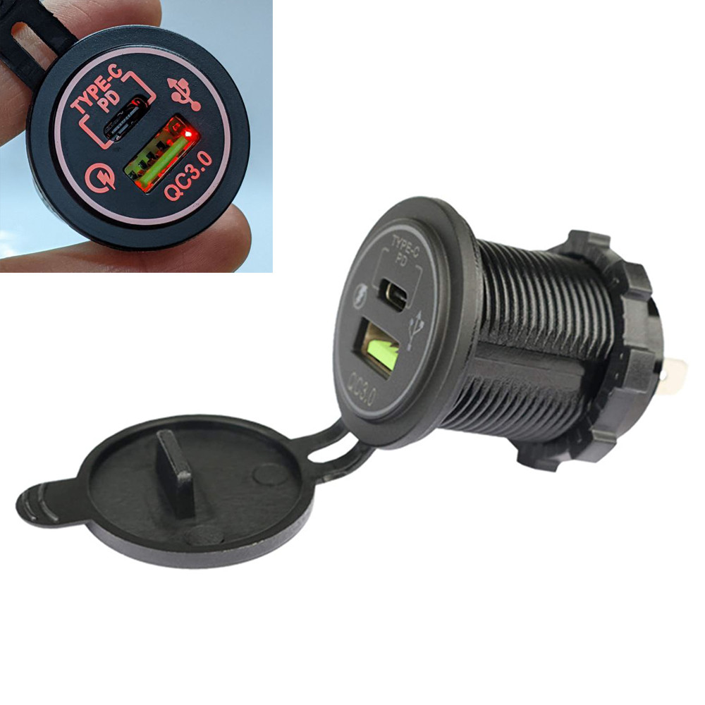USB розетка A93R автомобільна кругла врізна (12-24В, USB QC 3.0 + TYPE-C PD, червоне підсвічування), фото 1