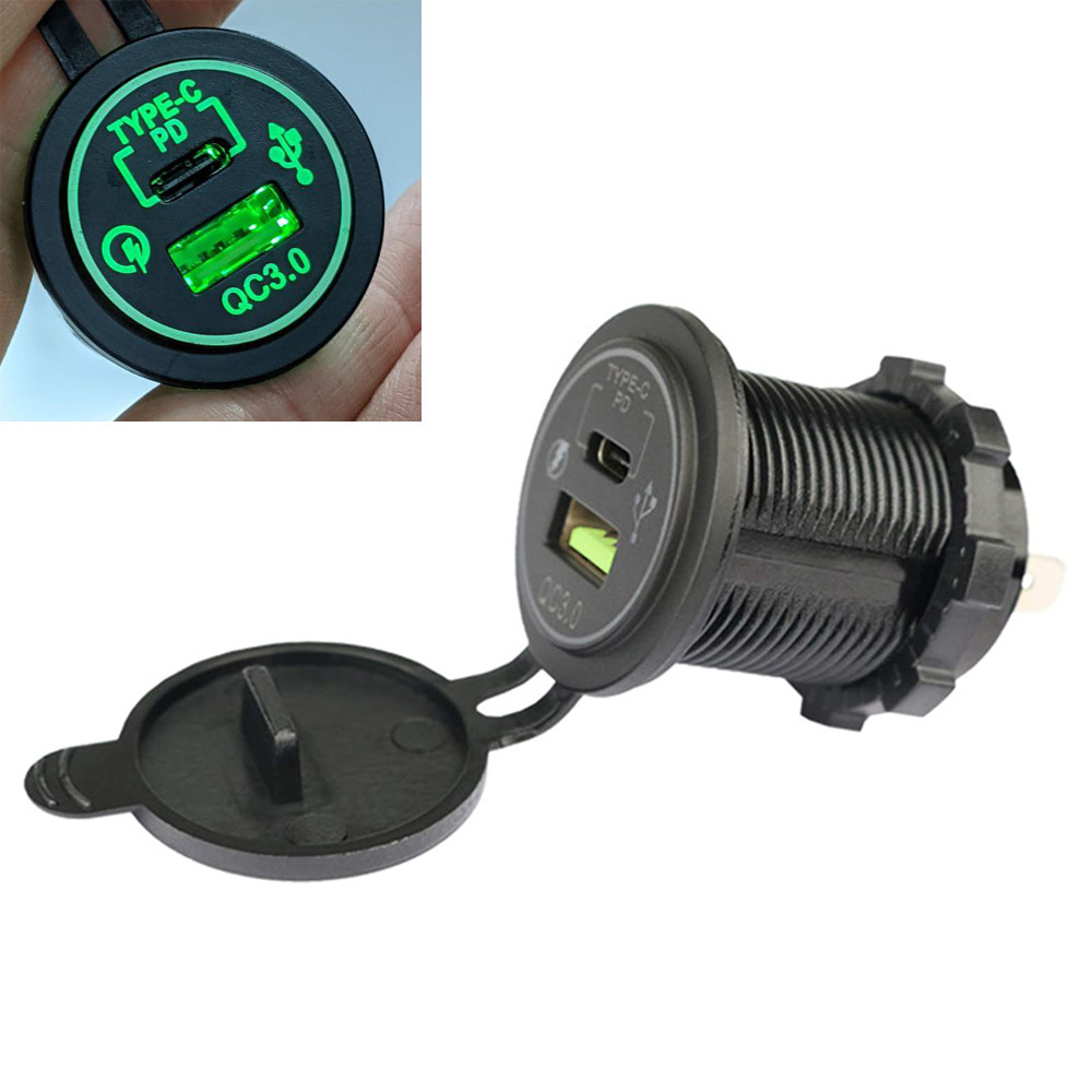 USB розетка A93G автомобільна кругла врізна (12-24В, USB QC 3.0 + TYPE-C PD, зелене підсвічування, з дротами для підключення)