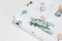 Лоскуток. Хлопковая ткань "Лисички на самолетах и мишки с воздушными шарами" на белом фоне 23*160 см