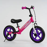 Біговел для дівчинки 12 дюймів CORSO 74822 Рожевий, ручне гальмо, колесо EVA (ПЕНА), підставка для ніжок