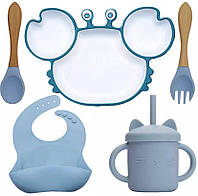 Набор посуды силиконовый для кормления первого прикорма Краб (слюнявчик,тарелка на присоске,поильник,приборы)