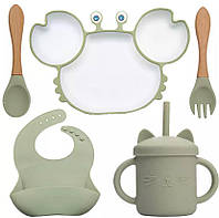 Набор посуды силиконовый для кормления первого прикорма Краб (слюнявчик,тарелка на присоске,поильник,приборы)