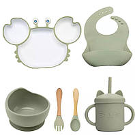 Набор посуды силиконовый для кормления первого прикорма Краб (слюнявчик,тарелки на присоске,поильник,приборы)