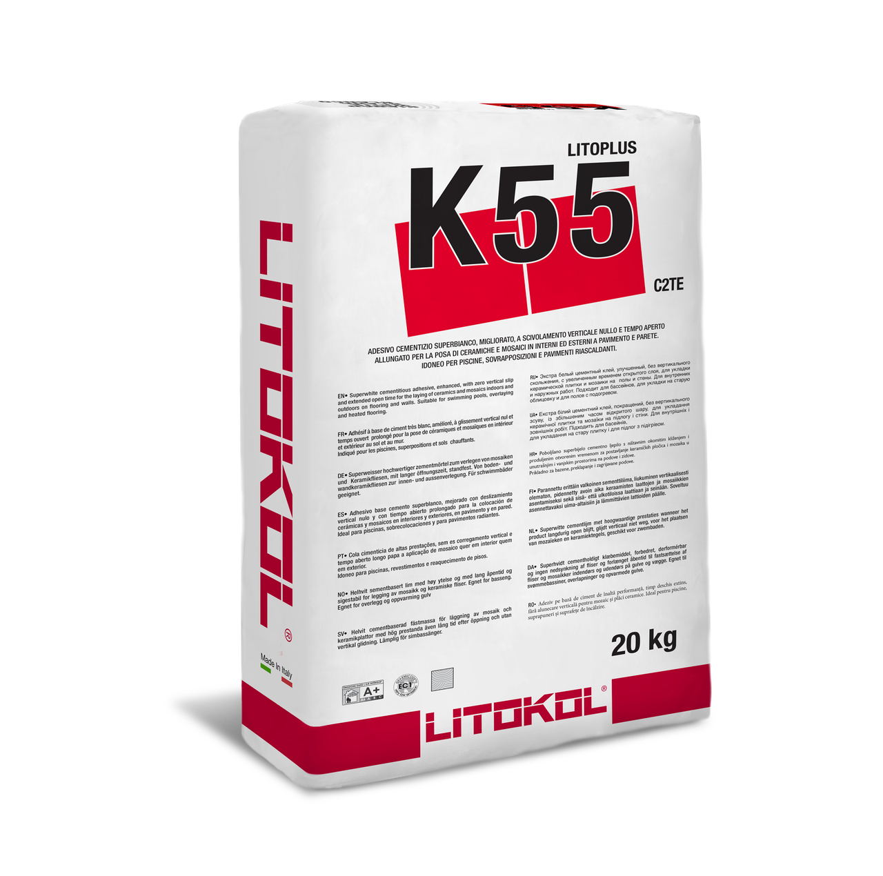 LITOPLUS K55 - клей для басейнів, вологостійкий, морозостійкий. Білий, 20кг. Клас С2ТЕ (1,8-5,5кг/м2)
