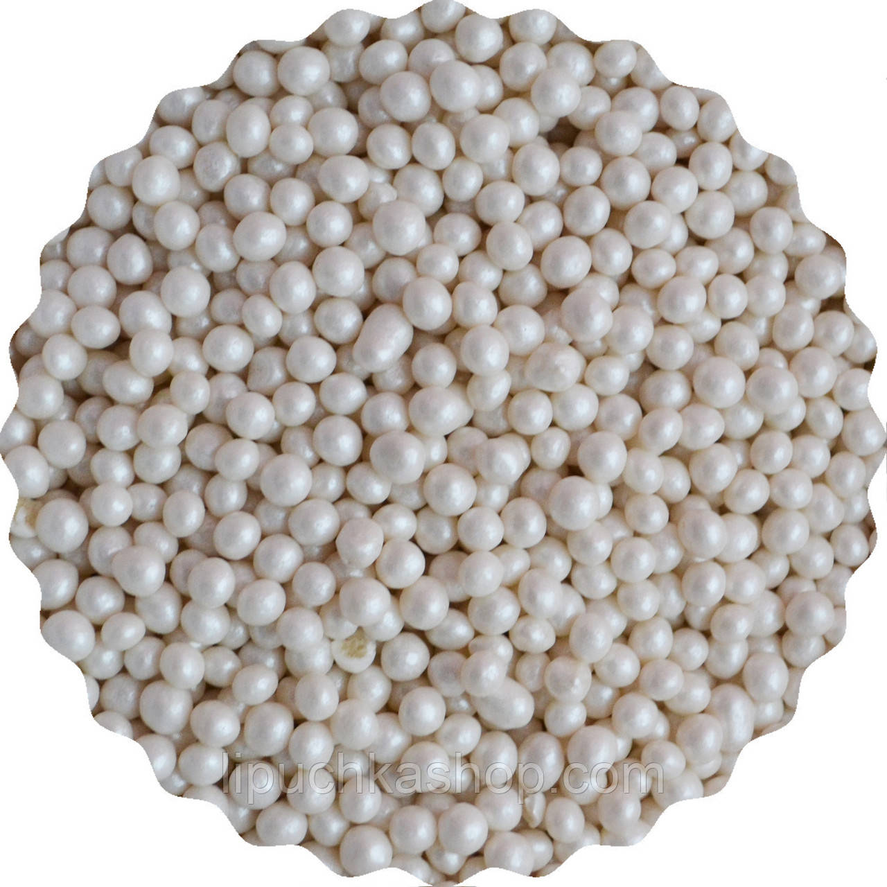 Посипка кондитерська "Кульки рисові в цукровій глазурі (білий перламутр) 5 мм", 25 грам