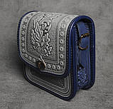 Жіноча шкіряна сумка ручної роботи з тисненим орнаментом «Дубок», сіро-синя сумка з натуральної шкіри, 20*21*8 см, фото 5