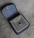 Жіноча шкіряна сумка ручної роботи з тисненим орнаментом «Дубок», сіро-синя сумка з натуральної шкіри, 20*21*8 см, фото 3