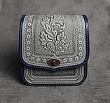 Жіноча шкіряна сумка ручної роботи з тисненим орнаментом «Дубок», сіро-синя сумка з натуральної шкіри, 20*21*8 см, фото 6