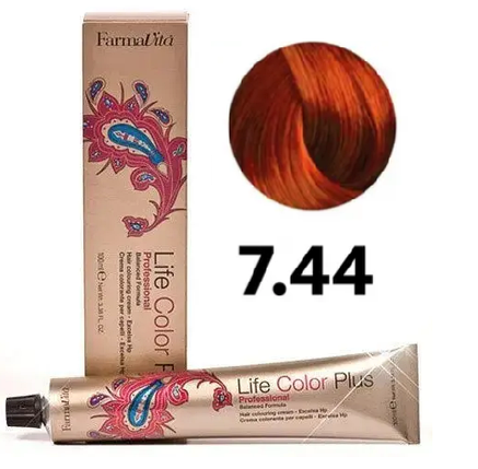 Стійка крем-фарба Farmavita Life Color Plus 7.44 Блондин насичений мідний 100 мл, фото 1