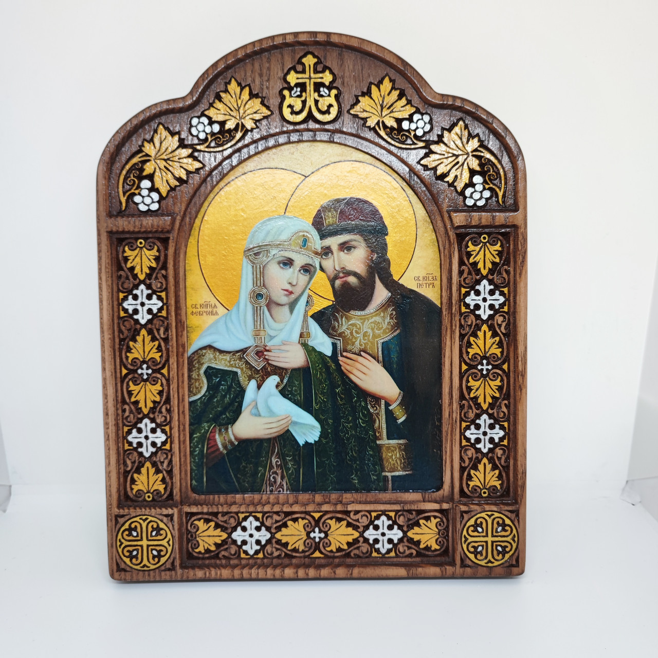 Ікона різьблена Петро і Февронія з декором 28х22 см, фото 1