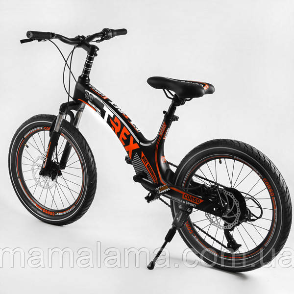 Велосипед спортивний дитячий, 20 дюймів, Чорний, на зріст 125-140 см, 6-9 років, магнієва рама, 7 швидкостей, CORSO T-REX 70432