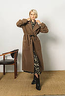 Кашемировое пальто женское на завязках коричневое демисезонное