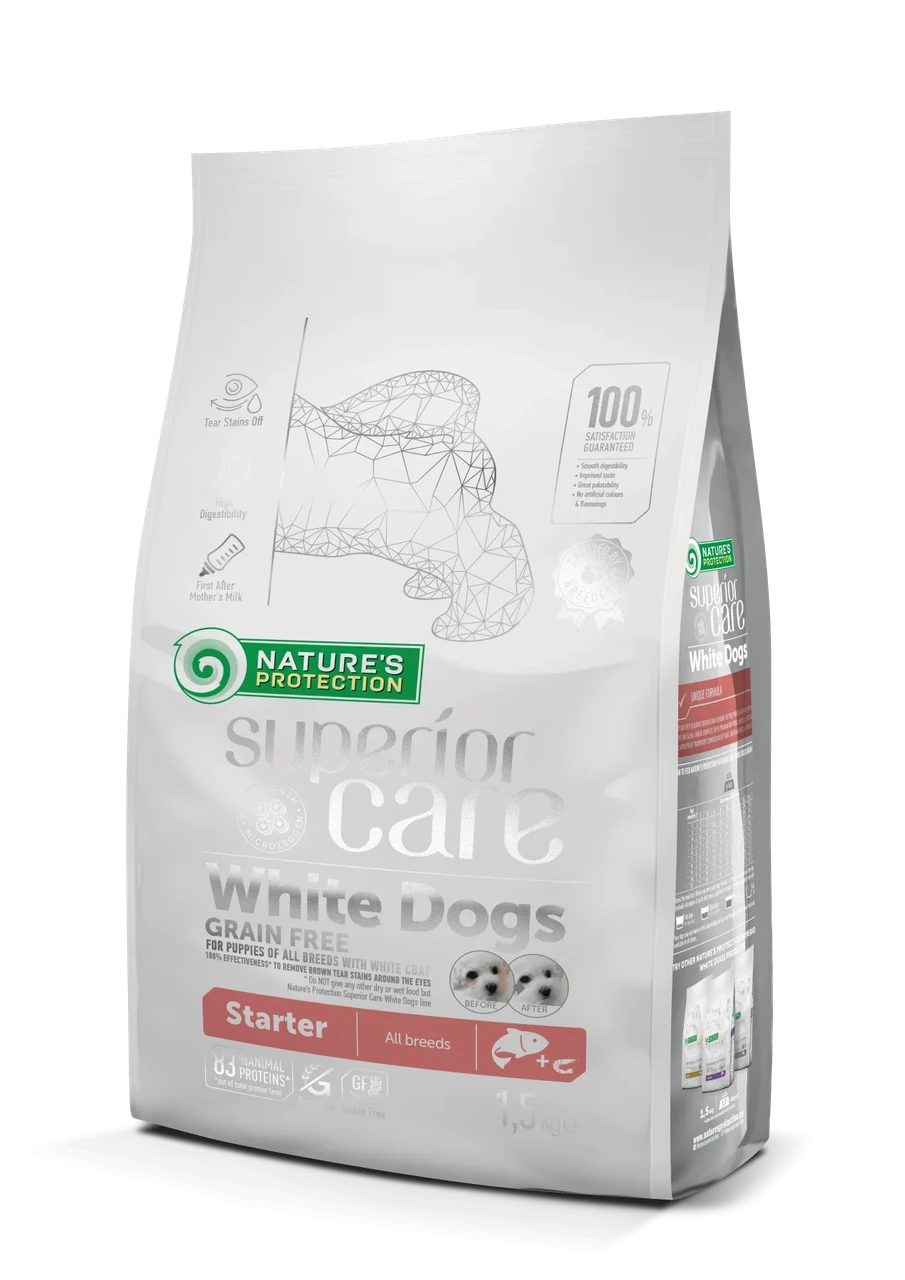 Сухий беззерновий корм для цуценят з білою шерстю всі породи Super Care Nature's Protection 1.5 кг (риба)