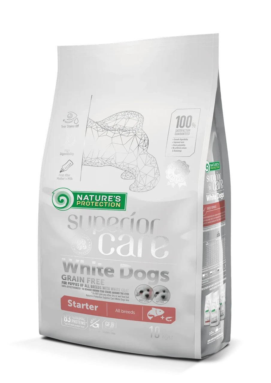Сухий беззерновий корм для цуценят з білою шерстю всі породи Super Care Nature's Protection 10 кг (риба)
