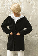Куртка-ветровка женская удлиненная с капюшоном черная на кнопках из плащевки водонепроницаемая весна осень