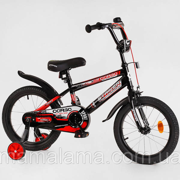 Велосипед на 4-6 років двоколісний, 16 дюймів, чорно-червоний, доп. колеса, зібраний на 75%, CORSO EX-16128