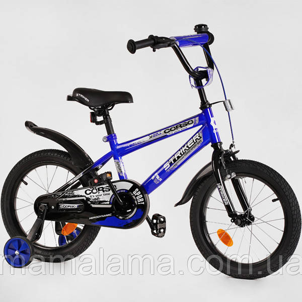 Велосипед двоколісний для хлопчика 95-115 см, 16 дюймів, Синій, доп. колеса, CORSO EX-16007