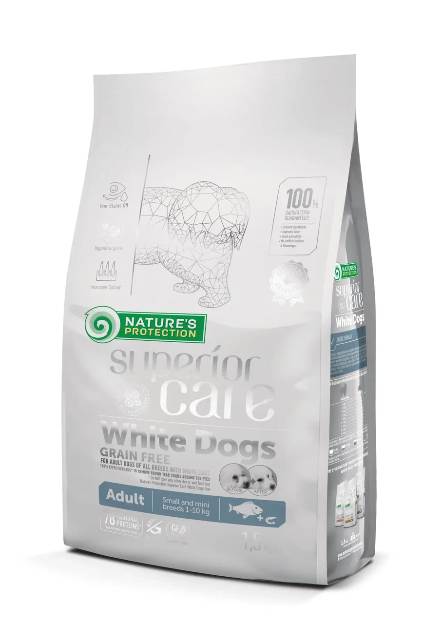 Сухий беззерновий корм для собак з білою вовною для малих порід Super Care White Dogs 1.5 кг (риба)