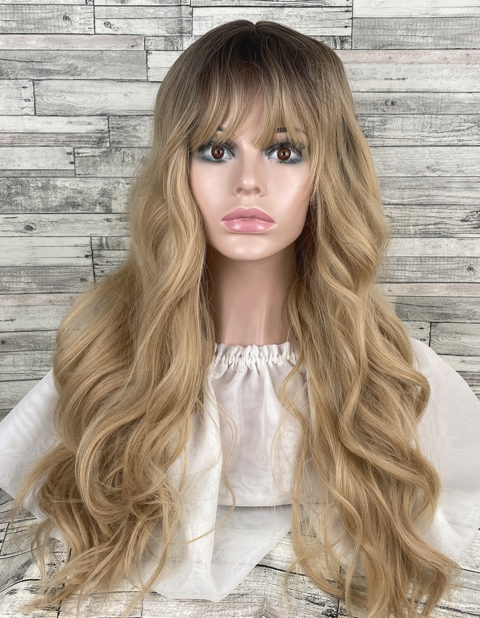 Перука жіноча хвиляста з проділом і човником блонд блондинка 70 см з омбре з термоволокна, фото 1