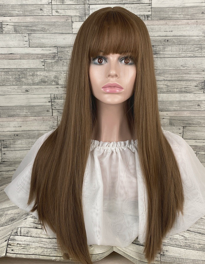 Перука жіноча пряма з чубчиком русява темна 70см, фото 1