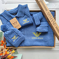 В’язаний набір на виписку, комплект для новонароджених Armani. Джинсовий