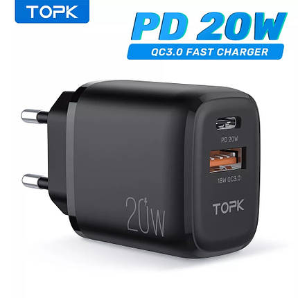 Мережевий зарядний пристрій "TOPK" 20 Вт 1 вихід Type-C, PD20W (чорна) Модель B110P, фото 1