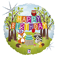Фольгированный шарик Grabo 18" (46 см) Круг Лесные зверята "Happy Birthday"