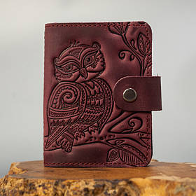 Візитниця шкіряна жіноча бордова з тисненням Сова | Шкіряний картхолдер