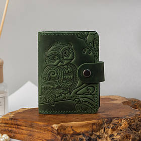 Візитниця шкіряна жіноча зелена з тисненням Сова | Шкіряний картхолдер