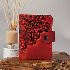 Візитниця шкіряна жіноча червона з тисненням Квітковий сад | Шкіряний картхолдер