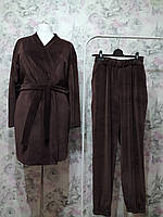 Женский Велюровый домашний комплект двойка халат штаны коричневый бархатный костюм пижама 42