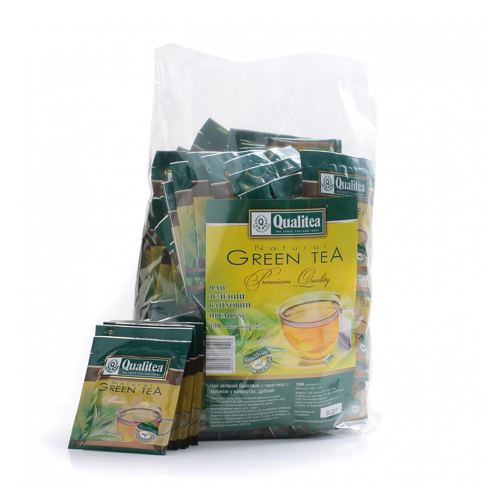 Зелений байховий чай без ароматизаторів Qualitea Green Tea Premiun 100 пакетів в індивідуальних конвертах, фото 1