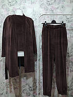 Женский Велюровый домашний комплект тройка халат футболка штаны коричневый бархатный костюм пижама 42
