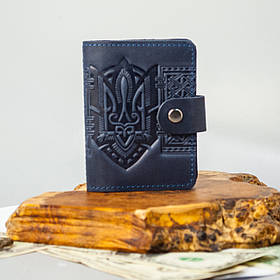 Візитниця шкіряна чоловіча синя з тисненням Тризуб Герб України| Шкіряний картхолдер