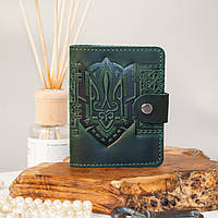 Визитница кожаная мужская зеленая с тиснением Трезубец Герб Украины| Кожаный картхолдер