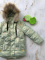 Переливающаяся деми куртка на девочку с пайетками Салатовая 2169 Салатовый, Для девочек, Зима, 128 см, 7 лет