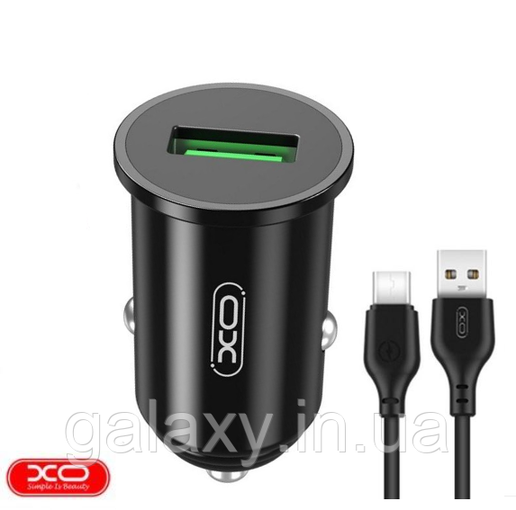 АЗП 1хUSB швидка зарядка QC3.0 18W + кабель Type-C XO TZ12 Black