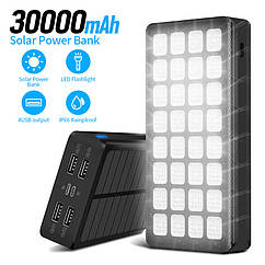 Power Bank Solar 30000 mAh павербанк + ліхтарик із сонячною панеллю PS-900 Вологозахищений Чорний (код: PS-90030)
