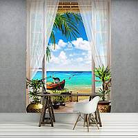 Тропики фотообои 184x254 см 3D Вид с окна на морской пляж 11509P4A+клей