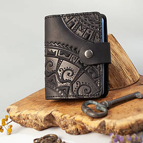 Візитниця шкіряна чоловіча чорна з тисненням Чумацький шлях | Шкіряний картхолдер