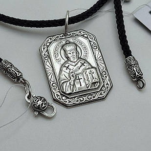 Комплект чорнена срібна підвіска Микола Чудотворець з шовковим шнурком 925 проба