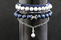 Комплект набір браслетів з натуральних каменів (перли, іоліт, шпинель) "Elegant Blue" Багатошаровий браслет